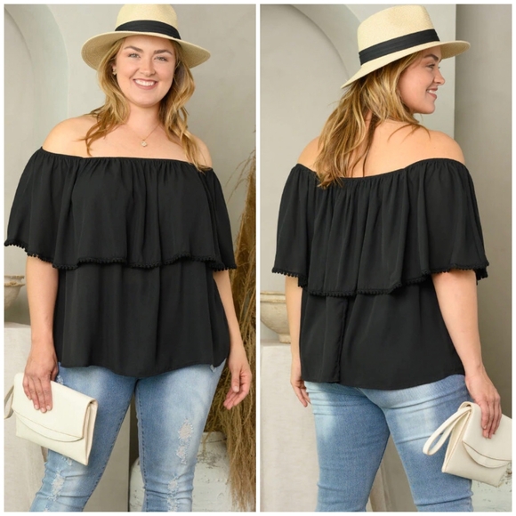 LAST ONE❗️PEACH LOVE CALIFORNIA Plus Size Black Off Shoulder Flounce Top - Picture 3 of 6